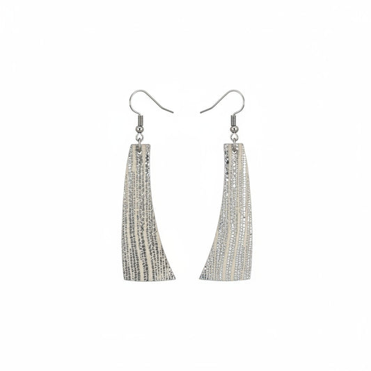 Rainy Day Silver Stripe Curved Bar Leather Earrings