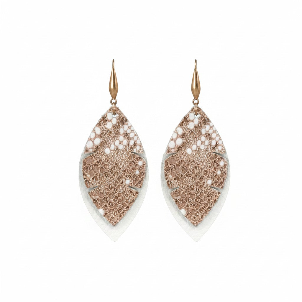 White and Rose Gold Snake Leather Earrings