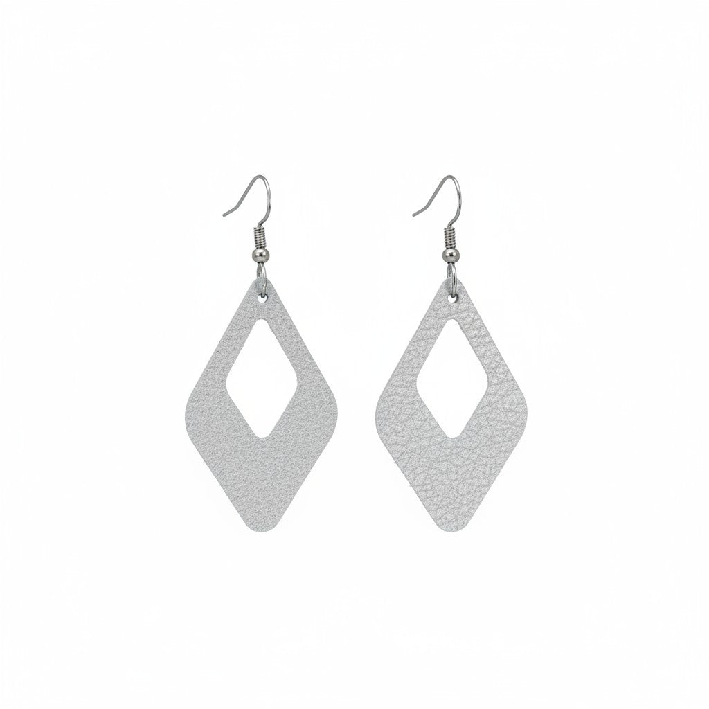 Metallic Silver Open Diamond Drop Leather Earrings