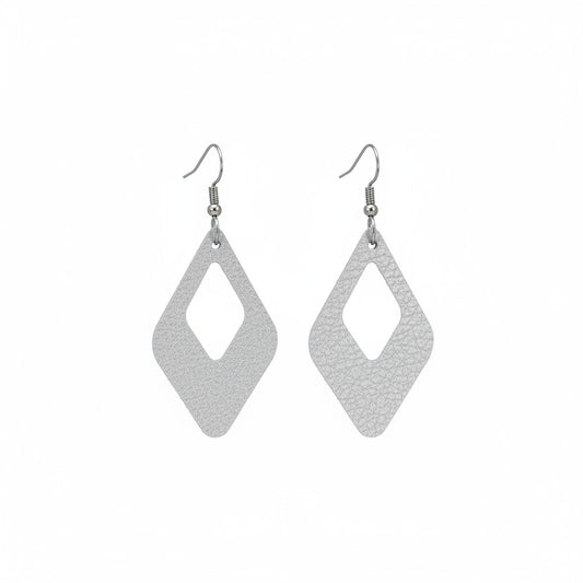 Metallic Silver Open Diamond Drop Leather Earrings