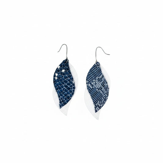 White and Navy Snake Layered Leather Earrings