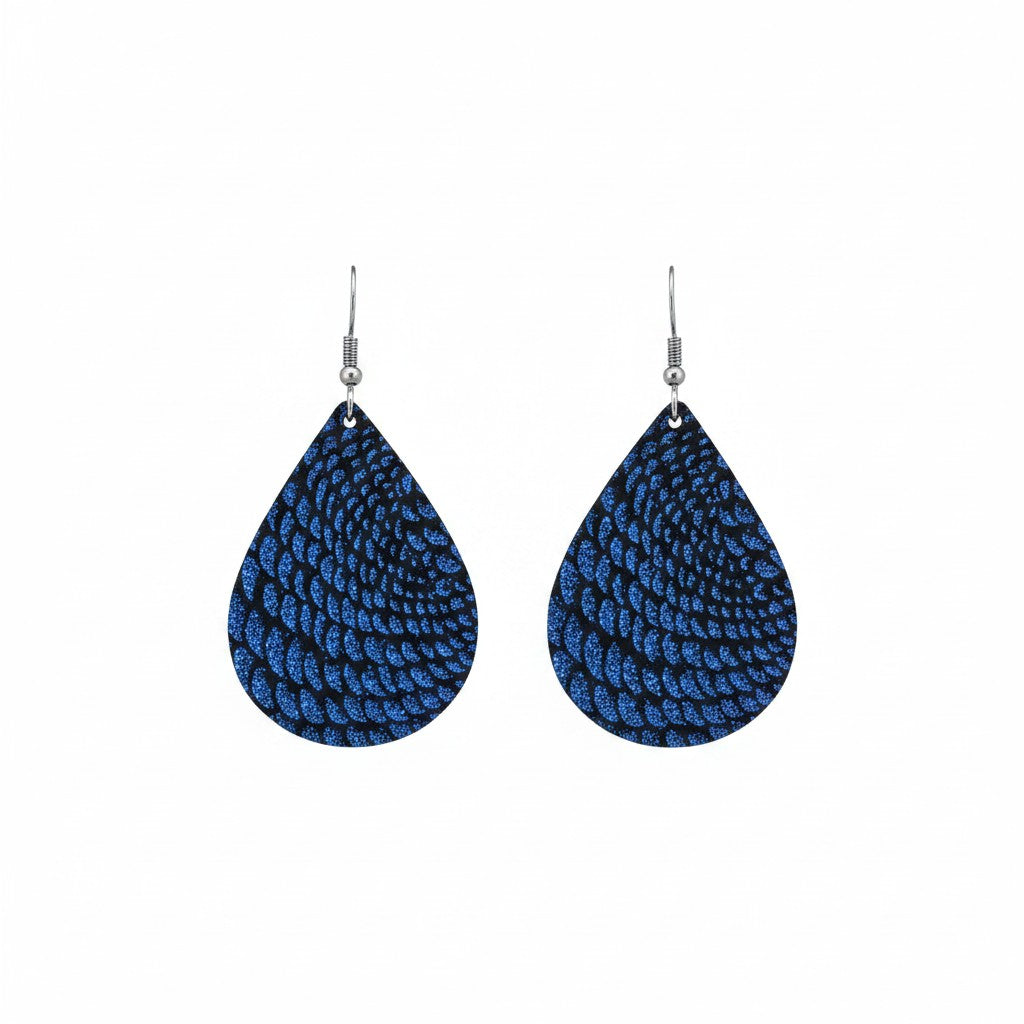 Royal Blue Metallic Dragon Teardrop Leather Earrings