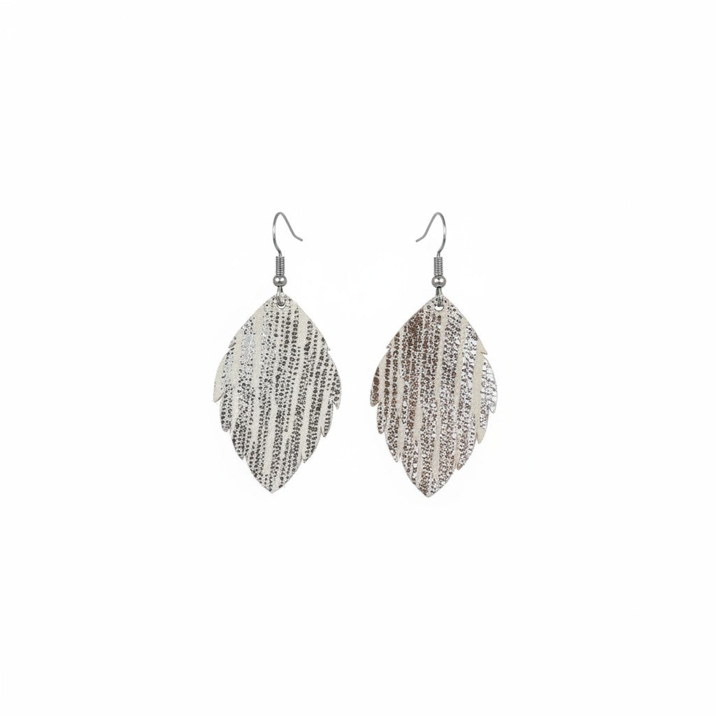Rainy Day Silver Stripe Leaf Leather Earrings