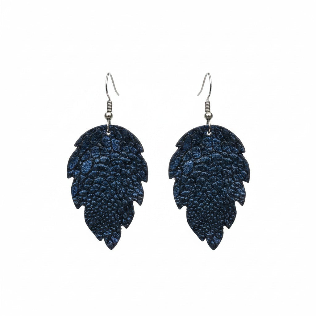 Royal Blue Metallic Dragon Scallop Leather Earrings