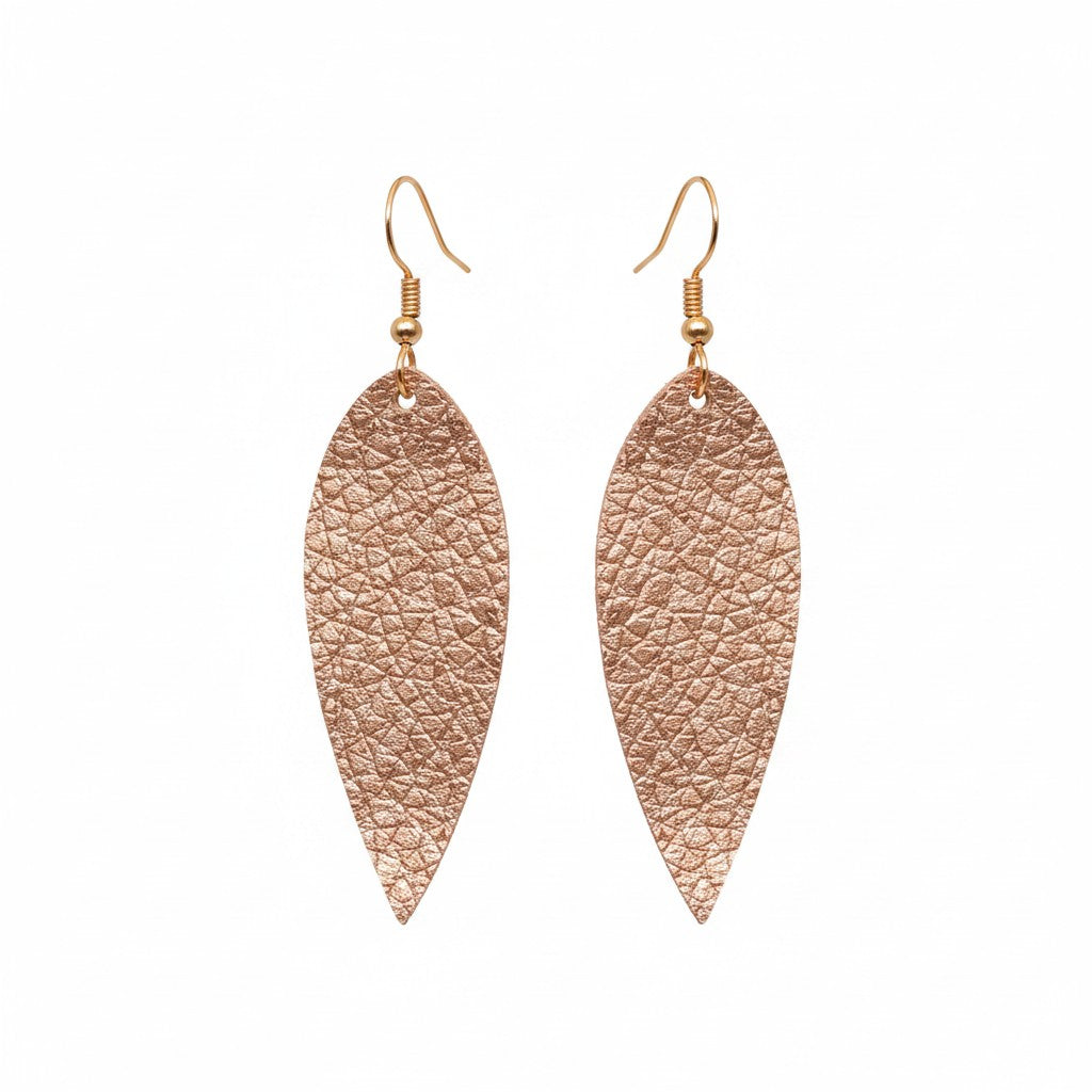 Pebbled Rose Gold Leaf Leather Earrings