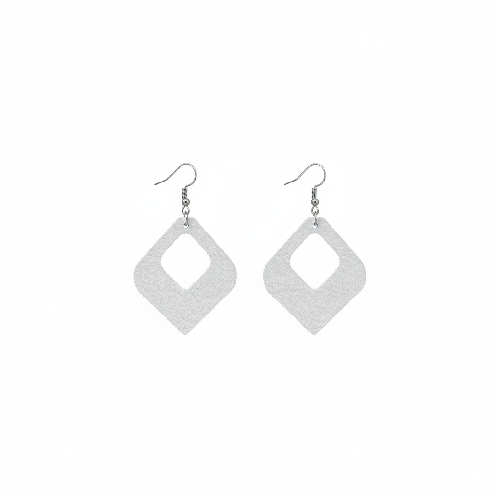 Metallic Silver Open Diamond Genuine Leather Earrings