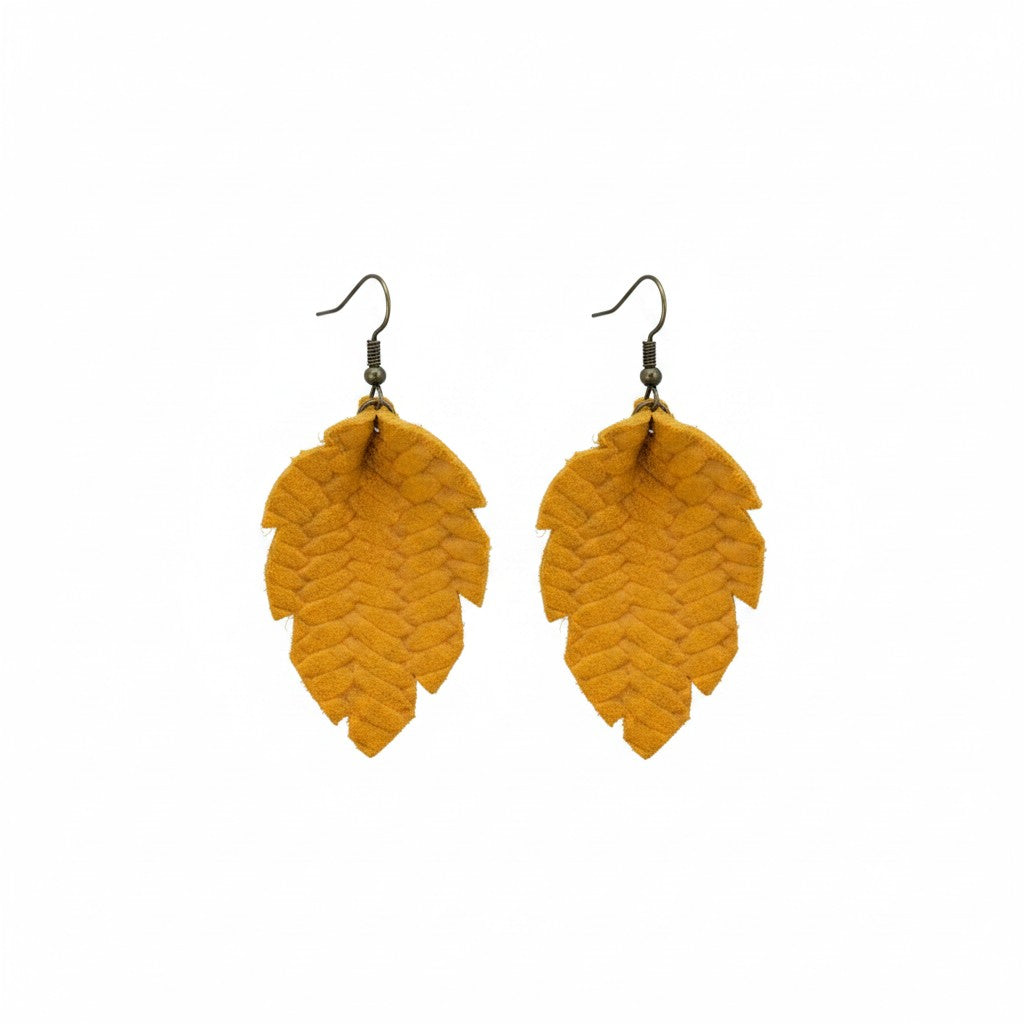 Mustard Braided Fishtail Feather Leather Earrings