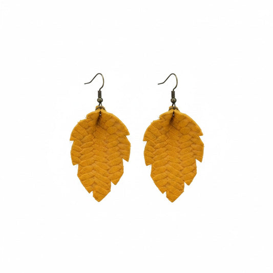 Mustard Braided Fishtail Feather Leather Earrings