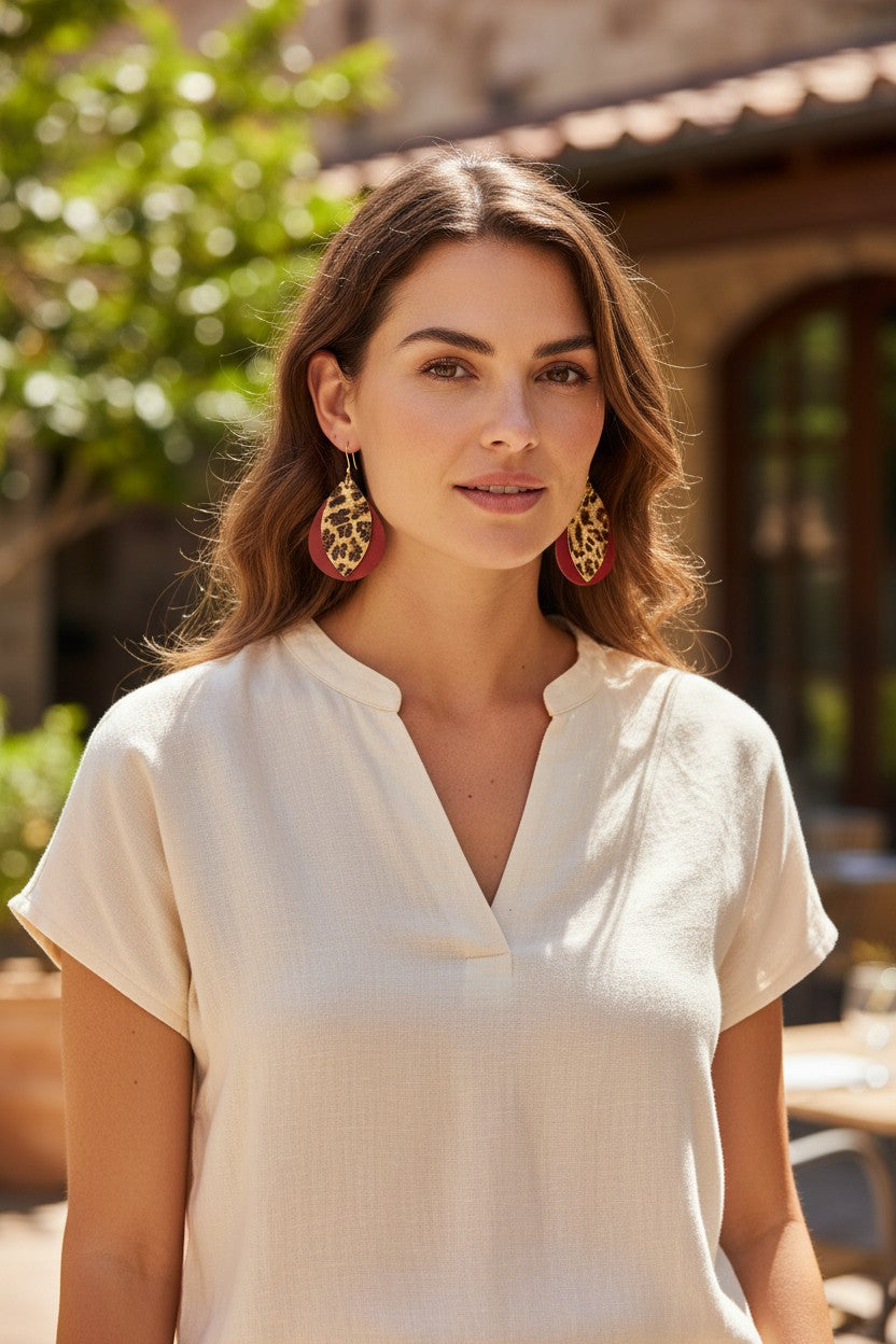 Cranberry Leather and Banana Leopard Leather Earrings - E19-1367