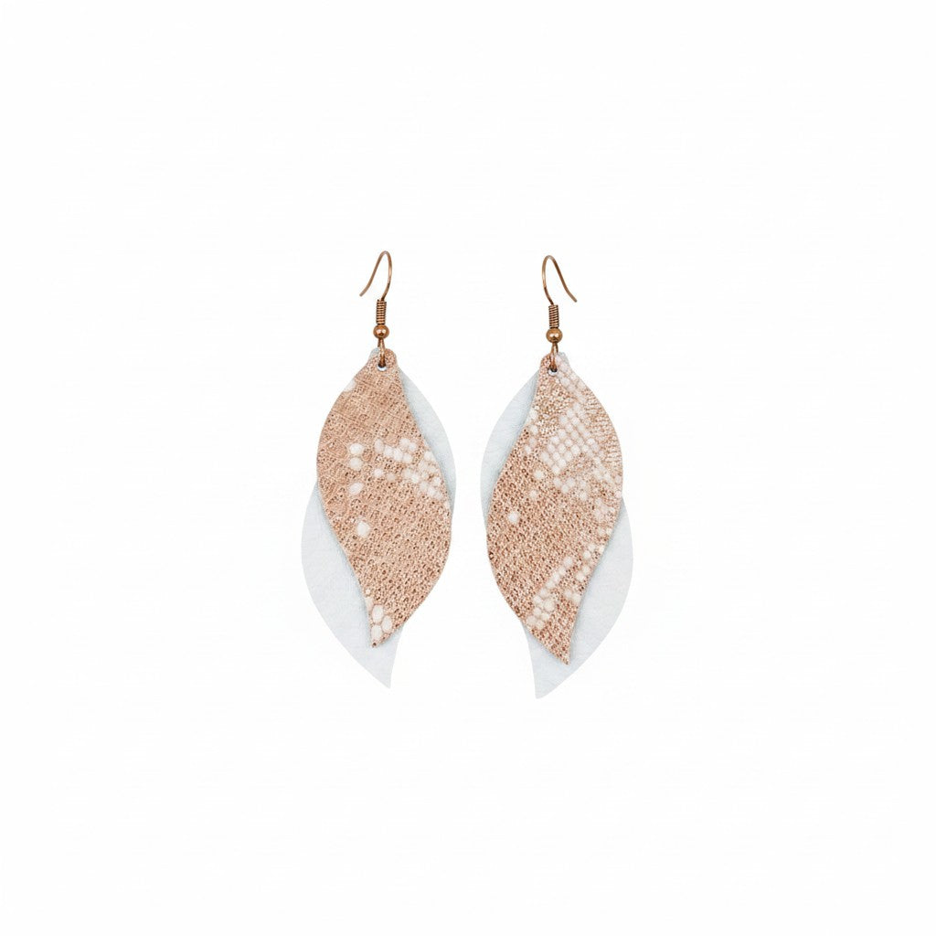 White and Rose Gold Snake Layered Leather Earrings