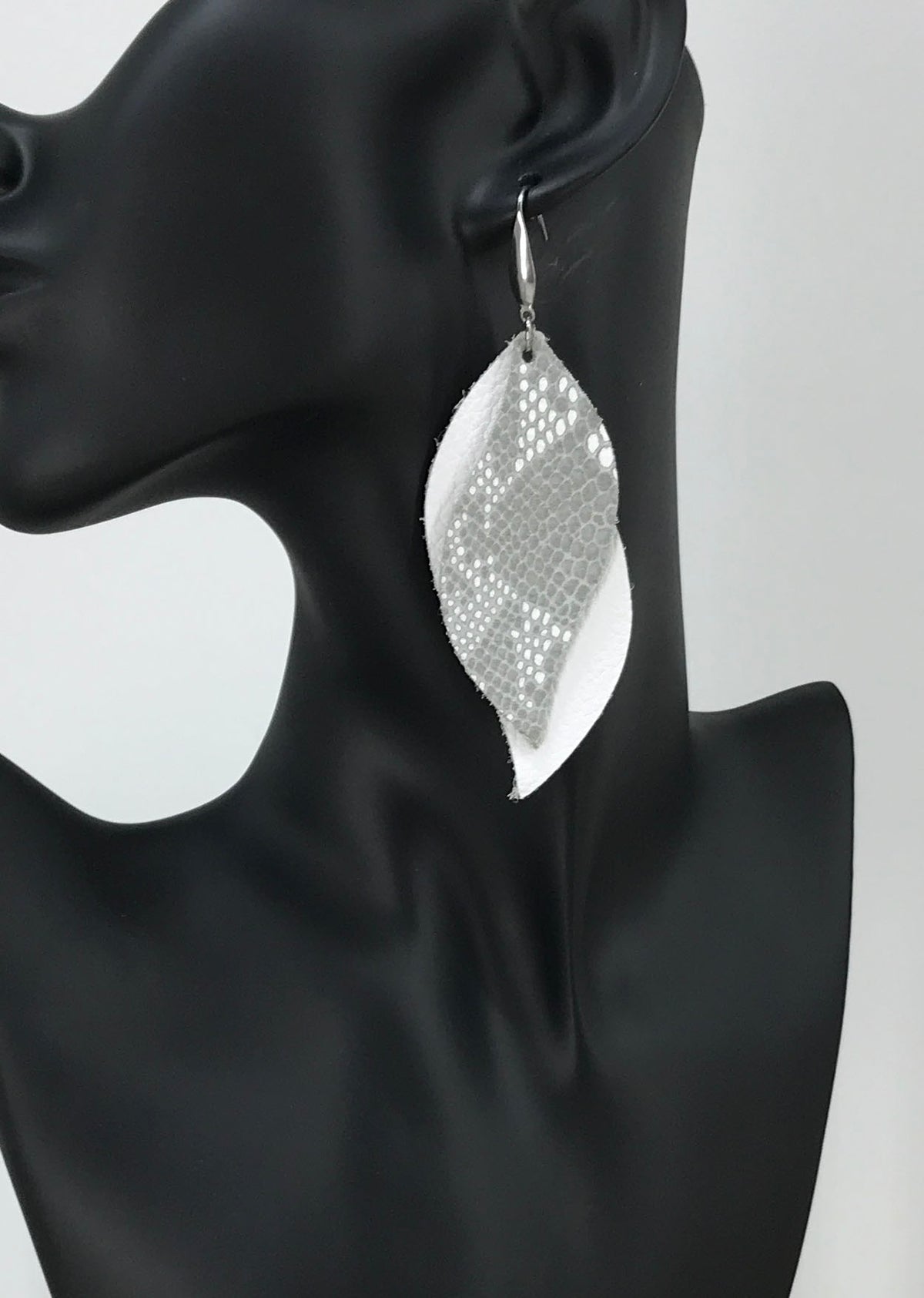 White and Sterling Gray Snake Layered Leather Earrings
