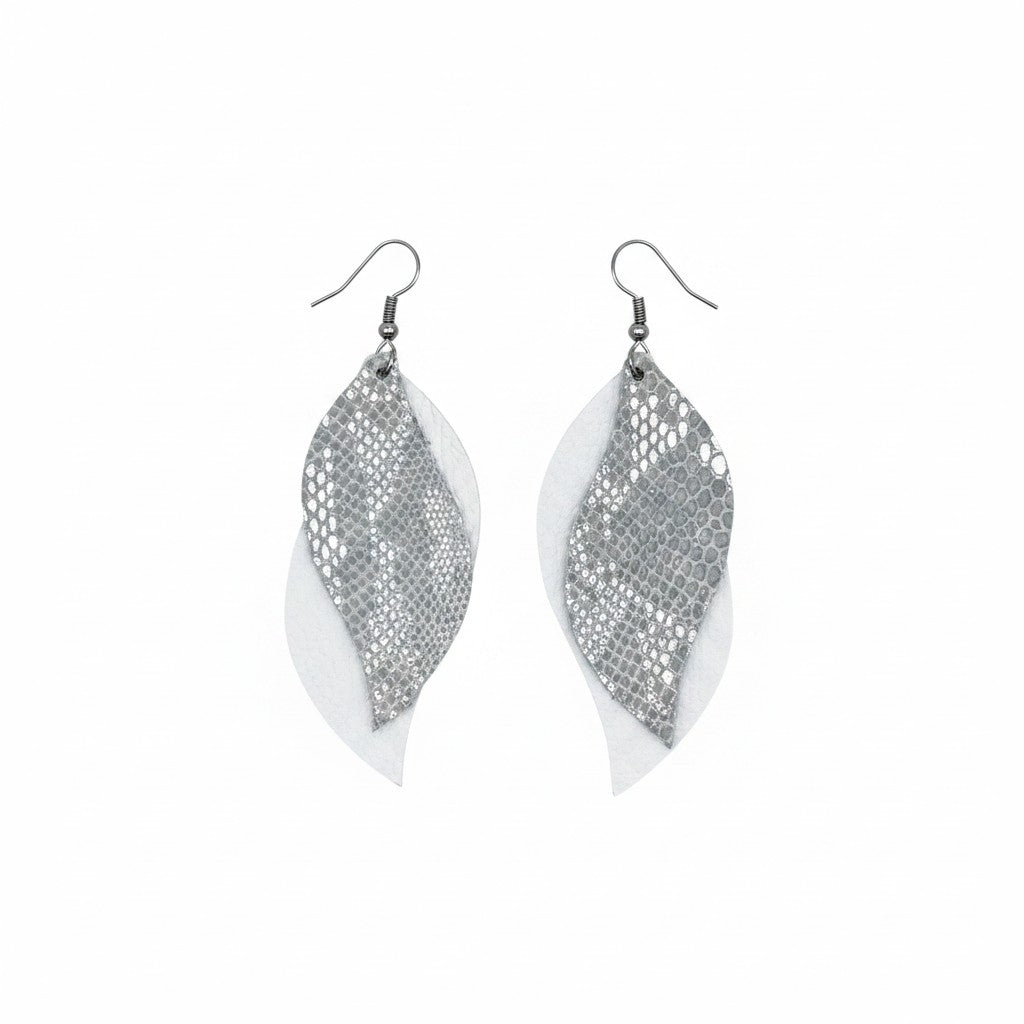 White and Sterling Gray Snake Layered Leather Earrings