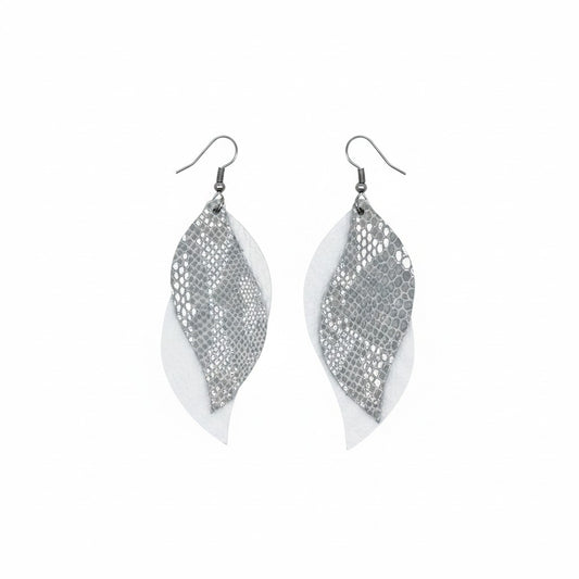 White and Sterling Gray Snake Layered Leather Earrings