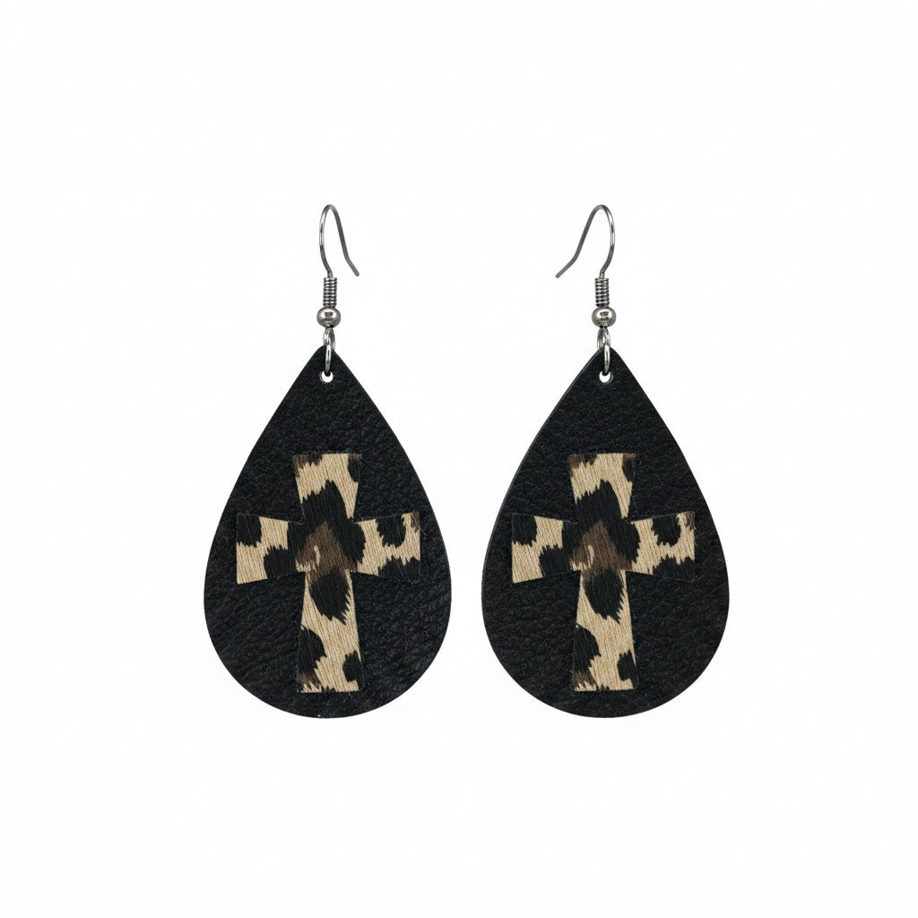 Biker Black Gold Cheetah Teardrop Earrings
