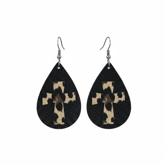 Biker Black Gold Cheetah Teardrop Earrings