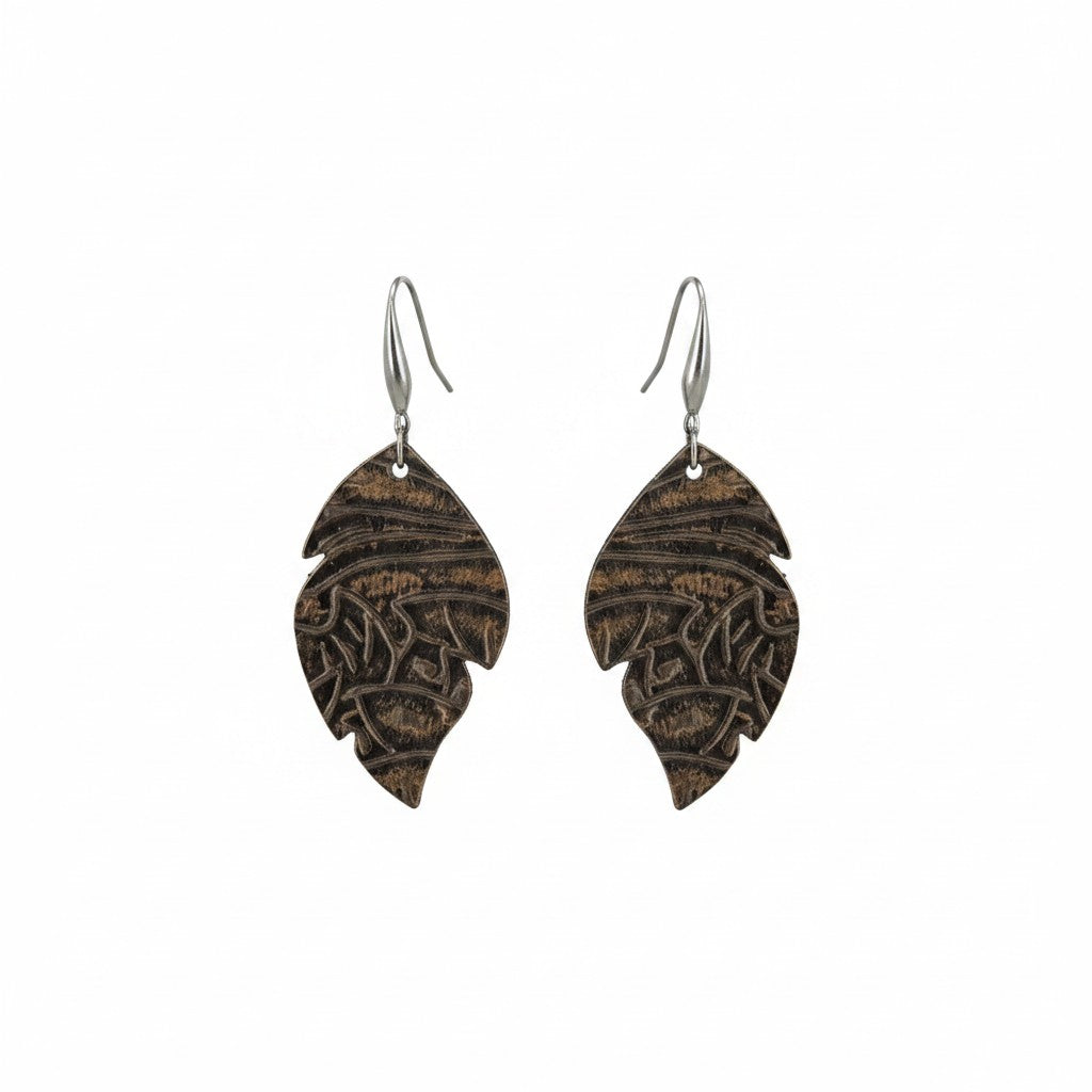 Dark Chocolate Western Tooled Feather Leather Earrings