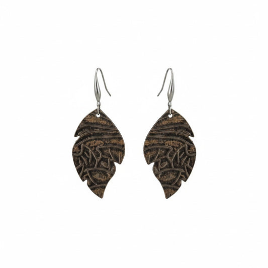 Dark Chocolate Western Tooled Feather Leather Earrings