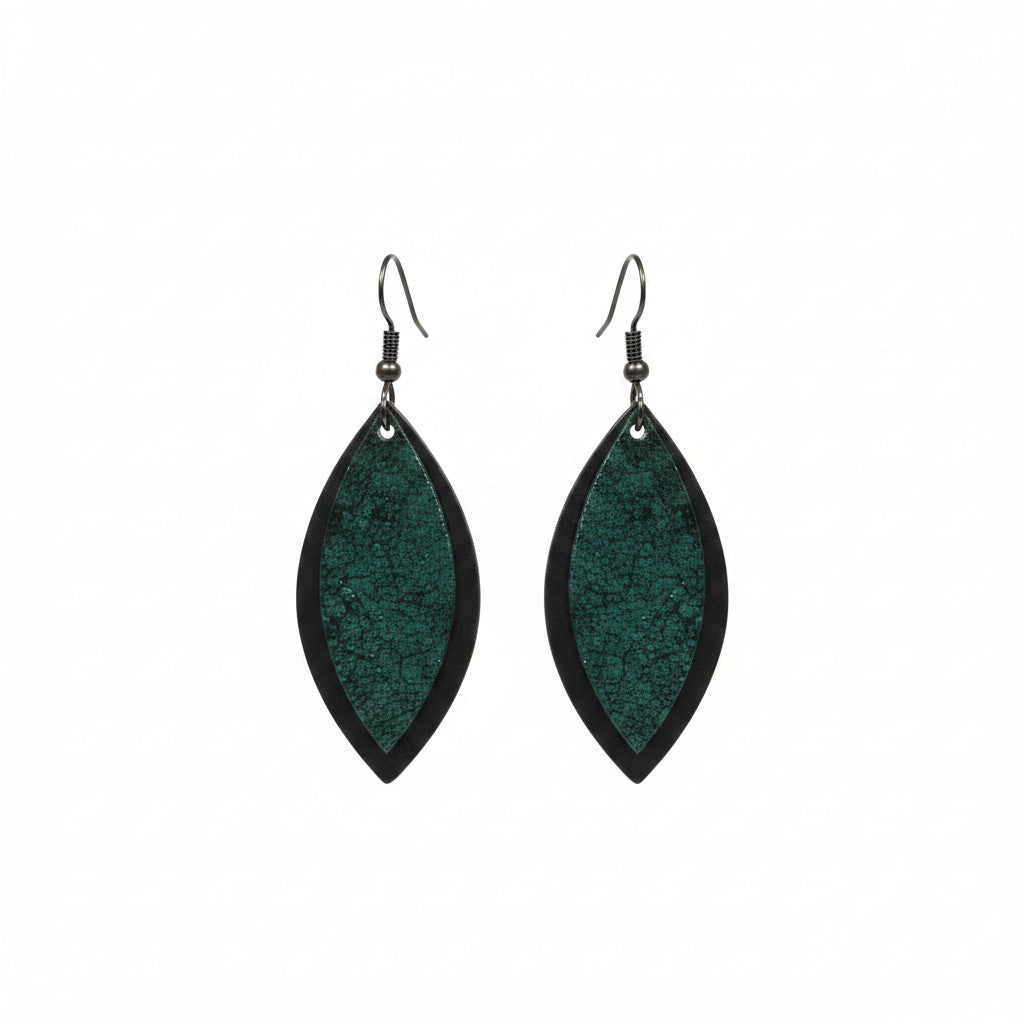 Black & Turquoise Crackle Layered Leather Earrings