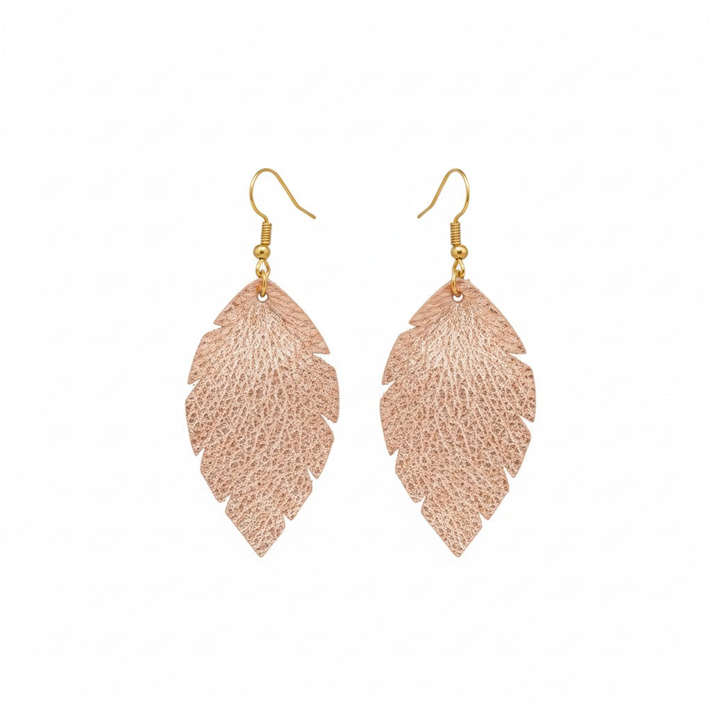 Pebbled Metallic Rose Gold Feather Leather Earrings