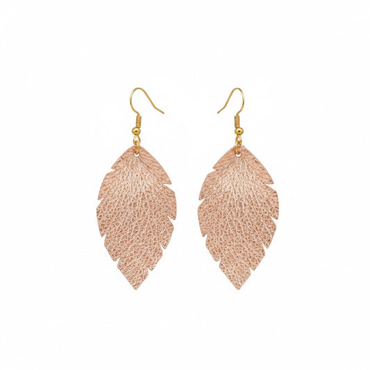 Pebbled Metallic Rose Gold Feather Leather Earrings