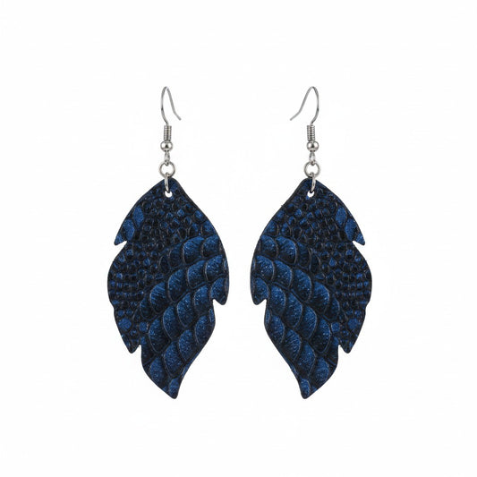 Royal Blue Metallic Dragon Feather Leather Earrings