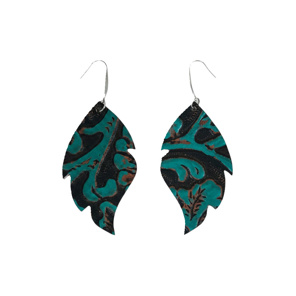 Dark Teal Aqua Western Feather Leather Earrings
