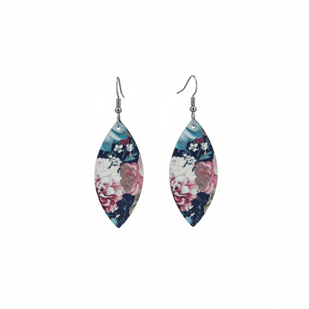 Mini Roses at Night Floral Leaf Leather Earrings