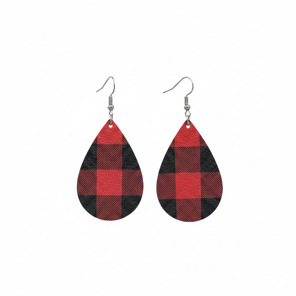 Mini Buffalo Plaid Red and Black Teardrop Leather Earrings