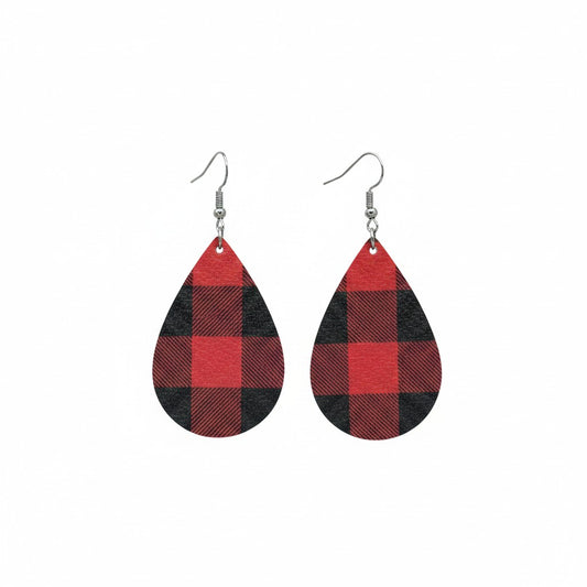 Mini Buffalo Plaid Red and Black Teardrop Leather Earrings