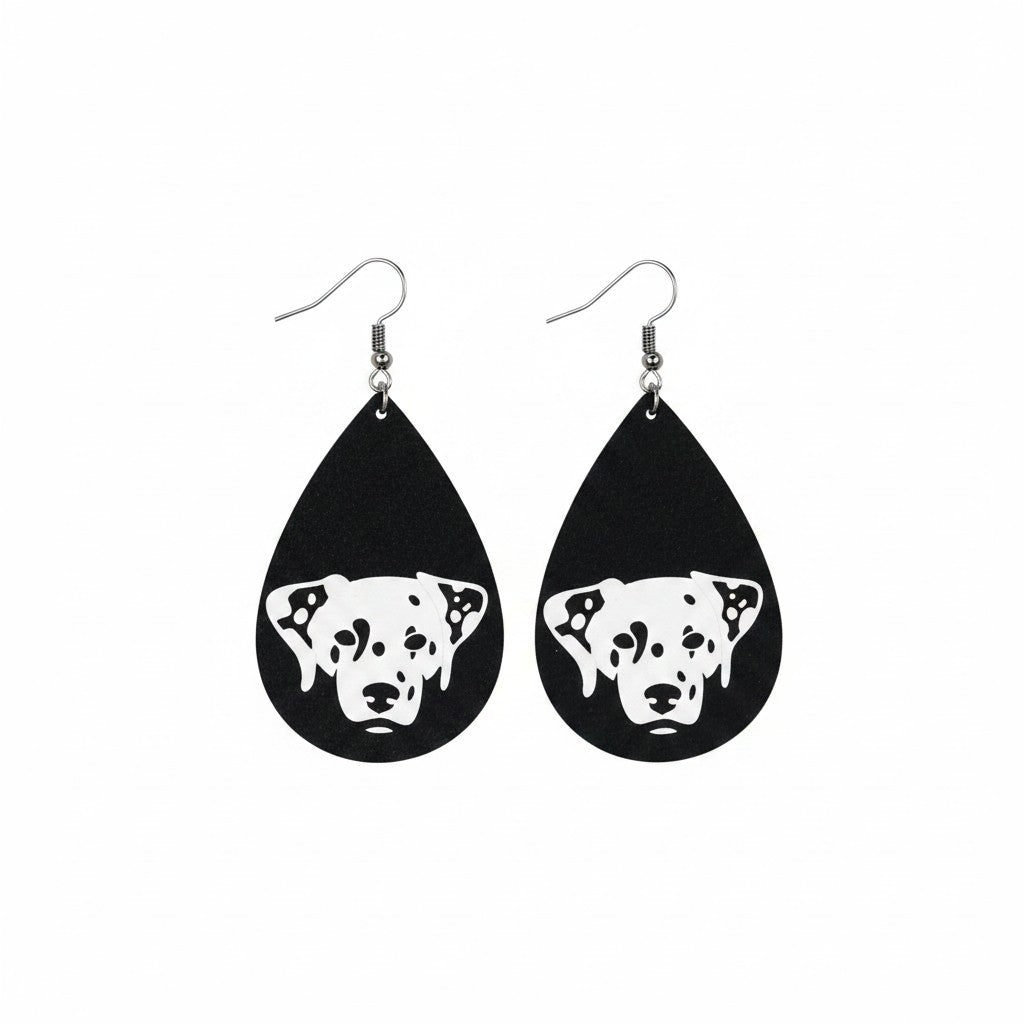 Dalmatian Pup Black Teardrop Leather Earrings