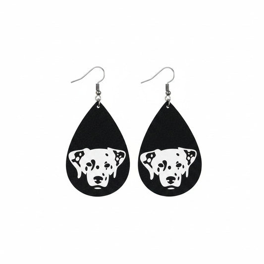 Dalmatian Pup Black Teardrop Leather Earrings