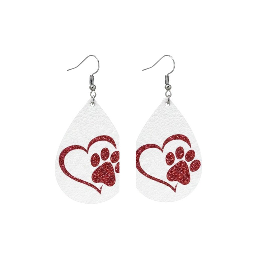 White Leather Red Glitter Paw Heart Teardrop Earrings