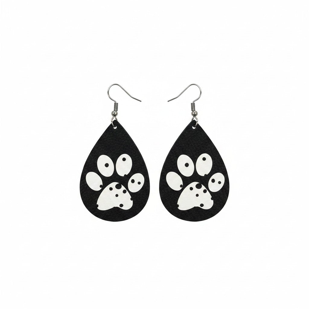 Dalmatian Paw Print Teardrop Leather Earrings