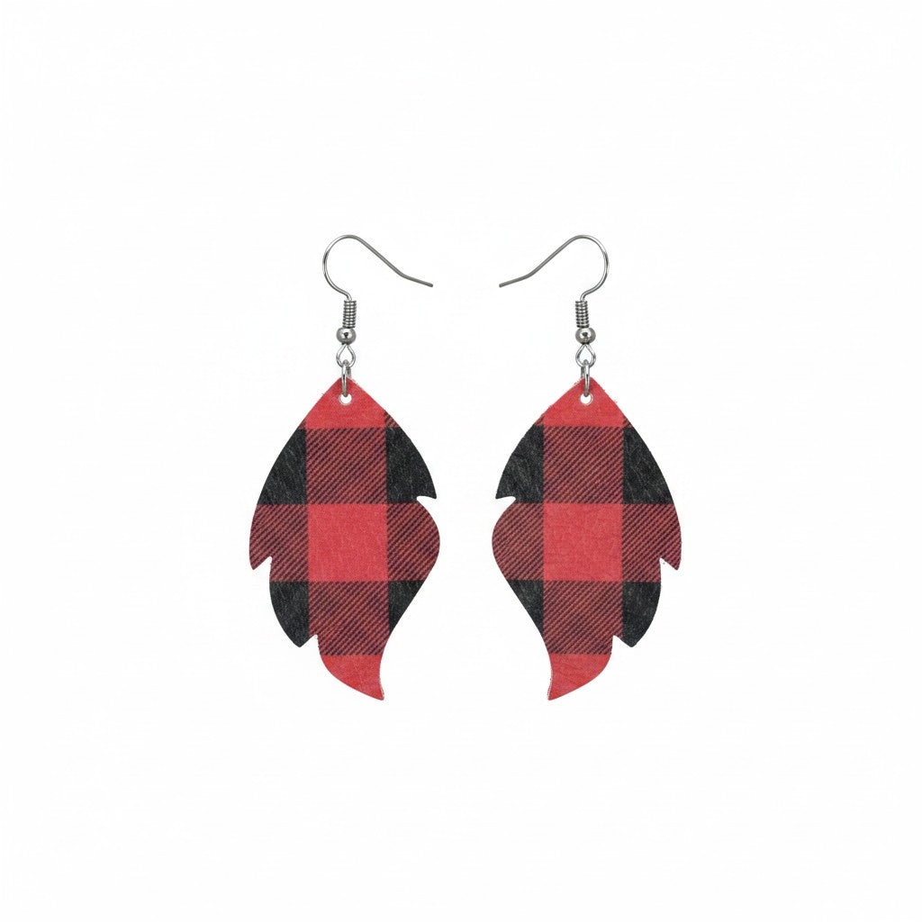 Red and Black Buffalo Plaid Cut Leaf Leather Earrings