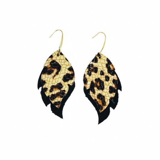 Biker Black Leopard Layered Leaf Earrings