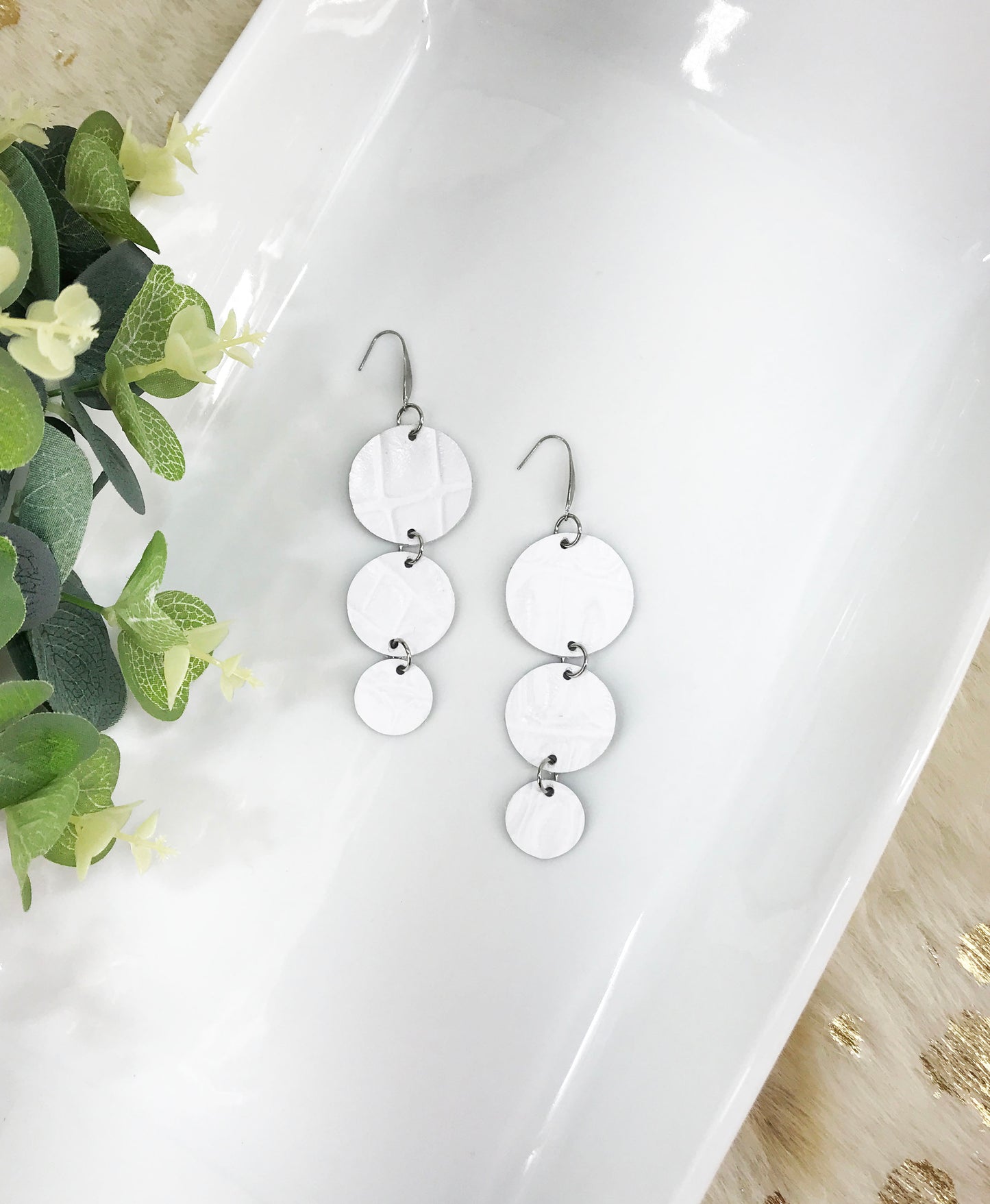 White Embossed Genuine Leather Earrings - E19-1422