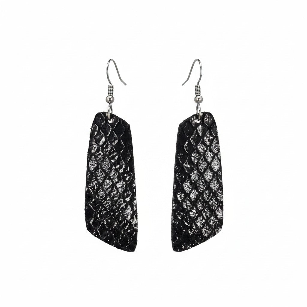 Black Fish Net Angled Bar Leather Earrings