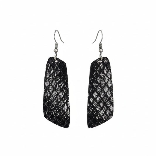 Black Fish Net Angled Bar Leather Earrings