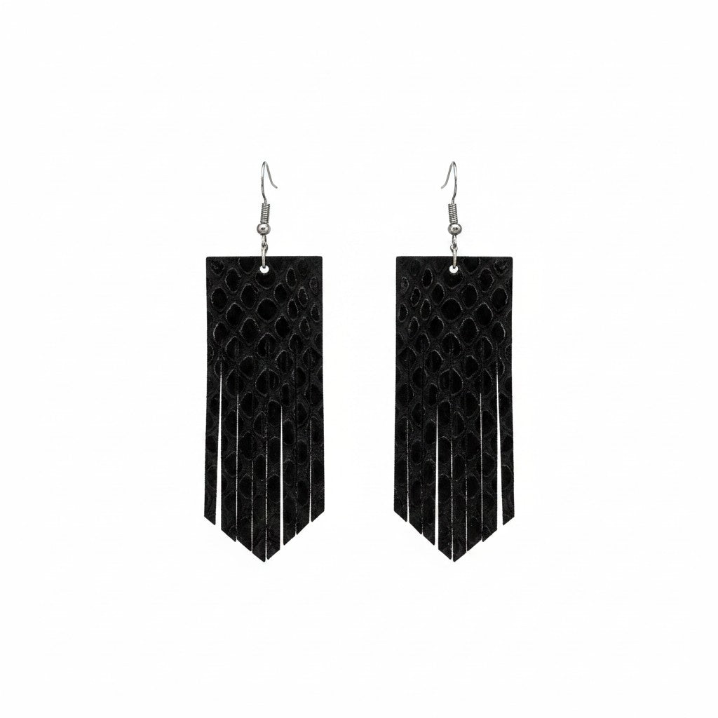 Black Fish Net Fringe Leather Earrings