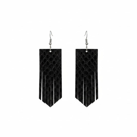 Black Fish Net Fringe Leather Earrings