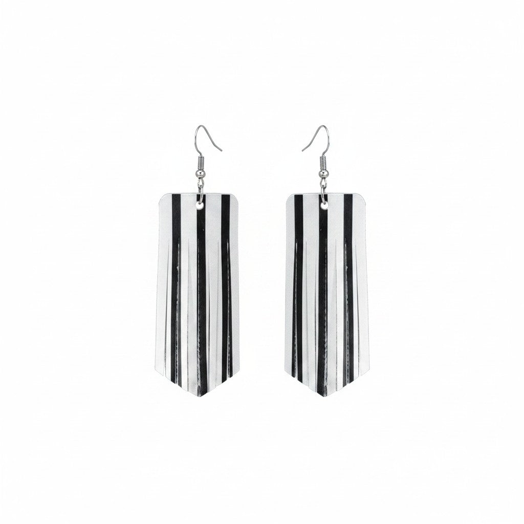 Matte Black and White Striped Fringe Leather Earrings