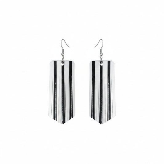 Matte Black and White Striped Fringe Leather Earrings