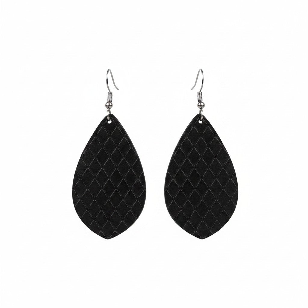 Black Fish Net Teardrop Leather Earrings