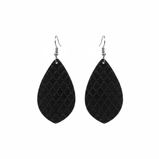 Black Fish Net Teardrop Leather Earrings