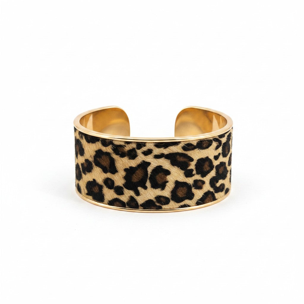 Hair On Leopard Leather Gold Tone Cuff Bracelet