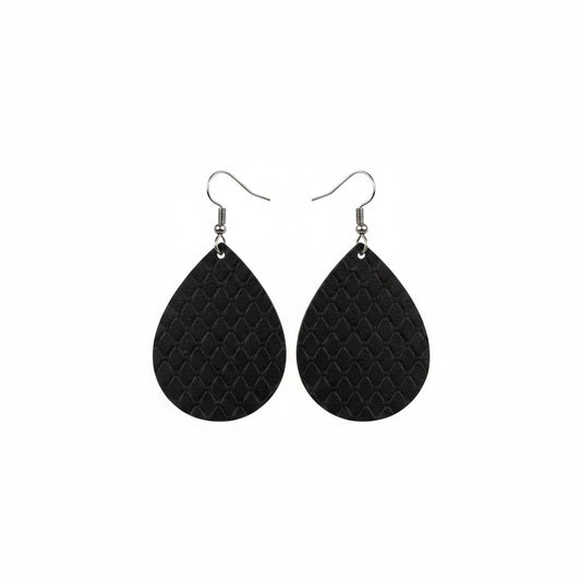 Black Fish Net Teardrop Leather Earrings