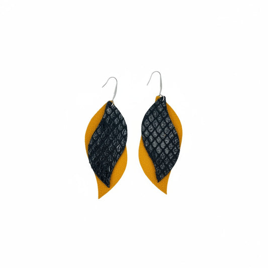 Mustard Suede & Black Fish Net Layered Leather Earrings
