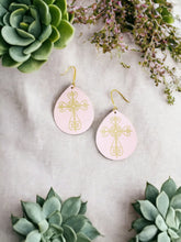 Load image into Gallery viewer, Baby Pink Divine Leather and Gold Cross Accent Leather Earrings - E19-1444