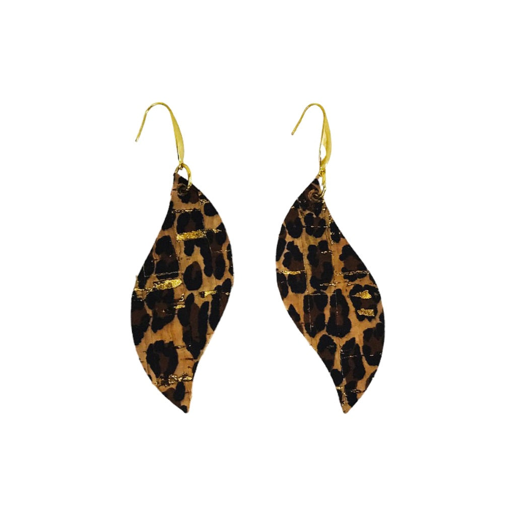 Golden Cheetah Curved Leaf Cork Earrings