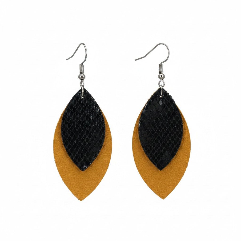 Dark Mustard Suede and Black Fish Net Layered Leather Earrings
